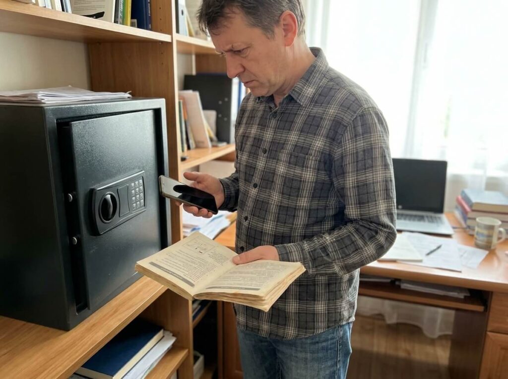 Tresorbesitzer prüft Unterlagen neben einem verschlossenen Tresor