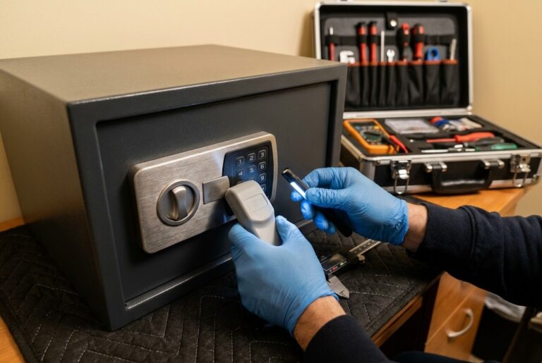 Nahaufnahme einer Messung am elektronischen Tresorschloss